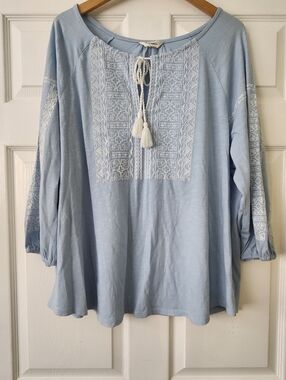 Lucky Brand Light Blue Embroidered Tie-Front Blouse - Women's 1X